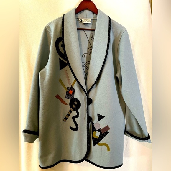 Beppa wool artistic casual blue embroidered size M jacket with shawl collar. - Picture 4 of 8